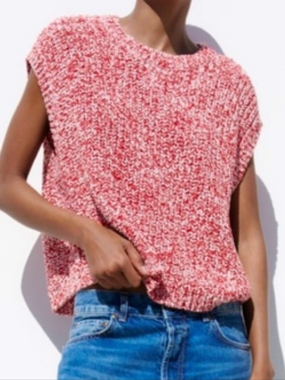 ZARA Red White Marled Textured Knit Sweater Vest Top Sleeveless Size-Small